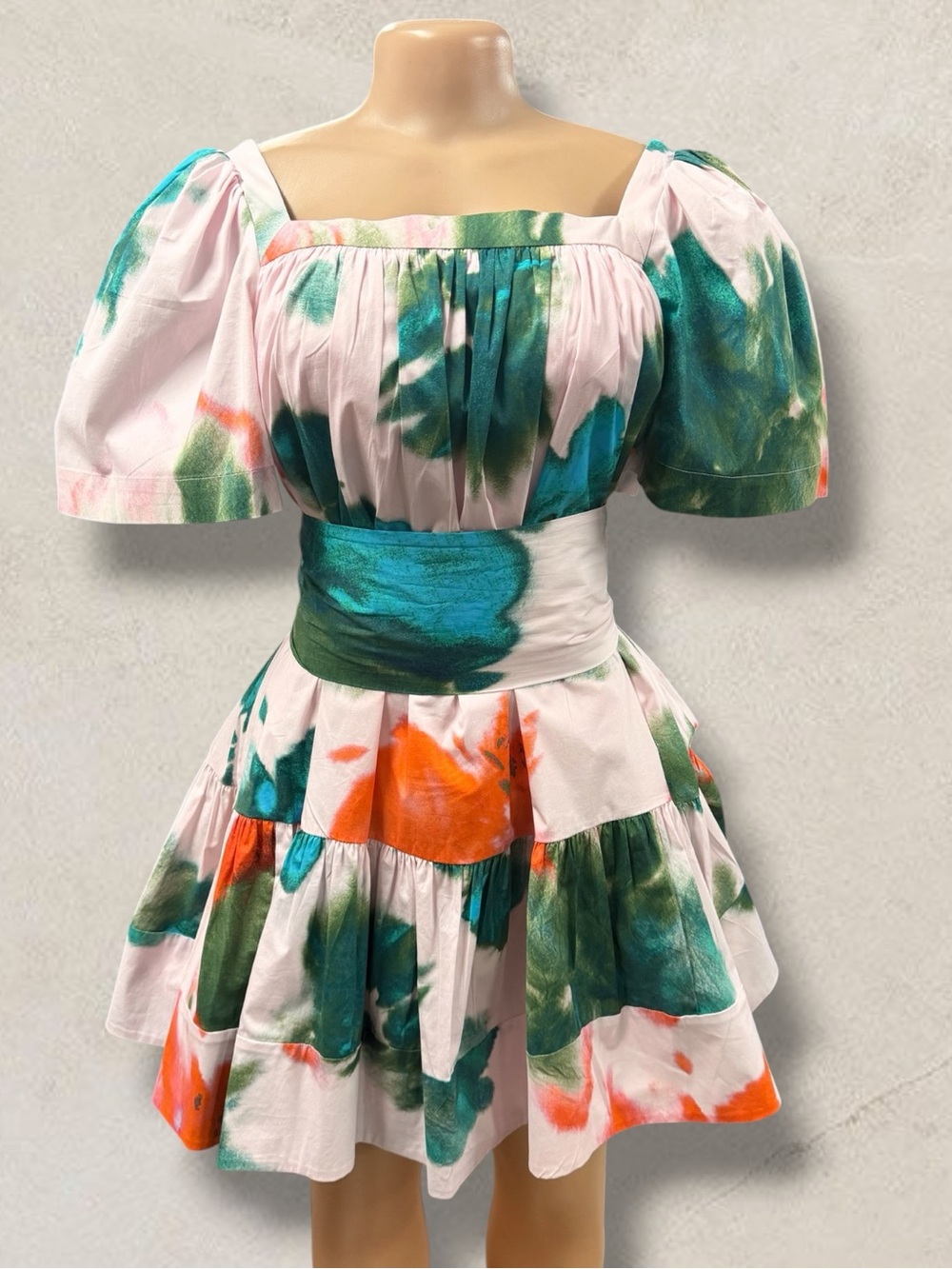 TANYA TAYLOR Watercolor Puff-Sleeve Tiered Mini Dress in Teal & Coral